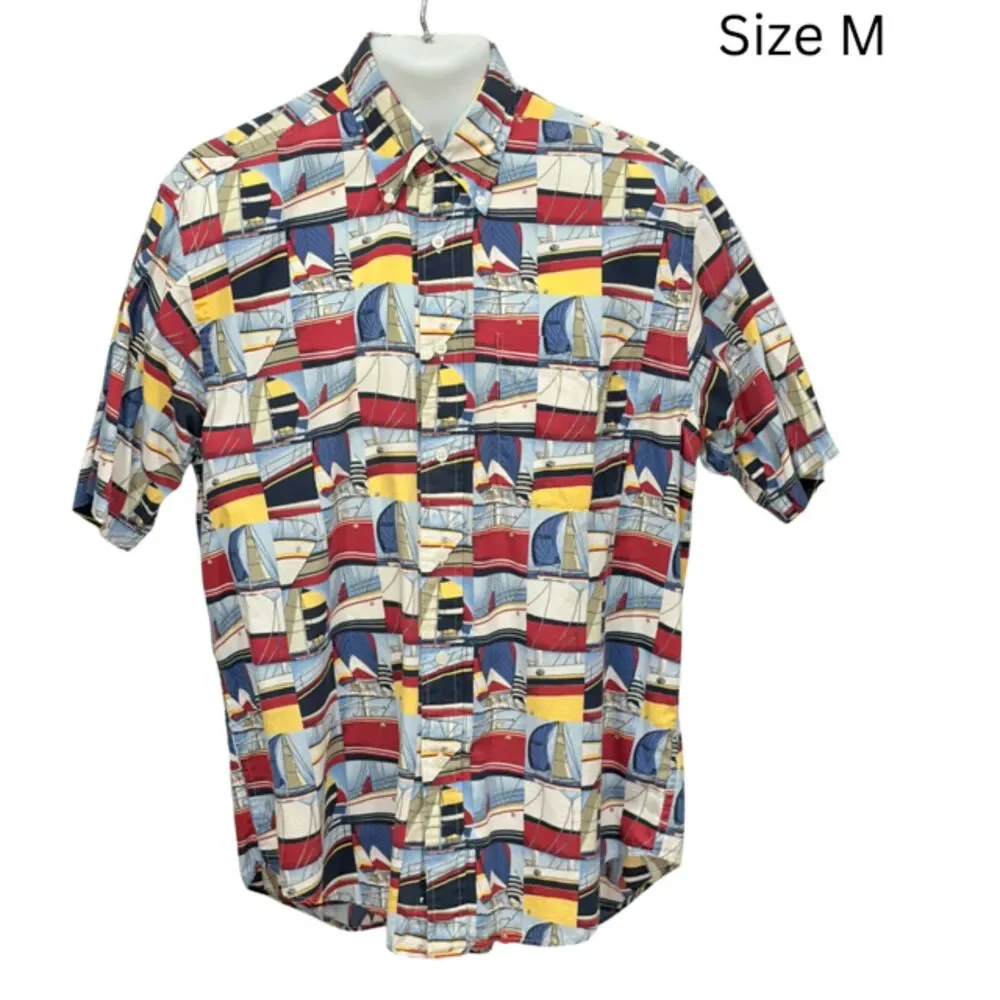 Nautica Sailboat Print Button Down Shirt Men’s M 100% Cotton Nautical 23x32